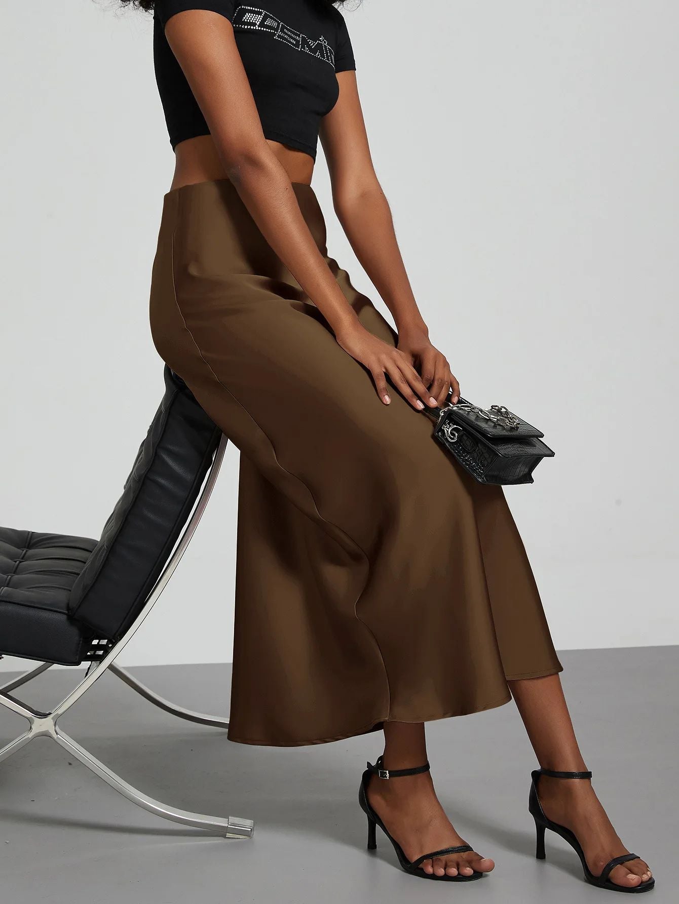 Elegant Fashionable European Style Women's Midi Skirt With Satin Texture Versatile Solid Color Bright Light Sensation Long Dress