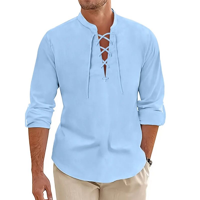 Men's Casual Long Sleeved TShirt Autumn Medieval Vintage Cotton Linen Shirts Halloween Streetwear Breathable Lace-up Streetwear