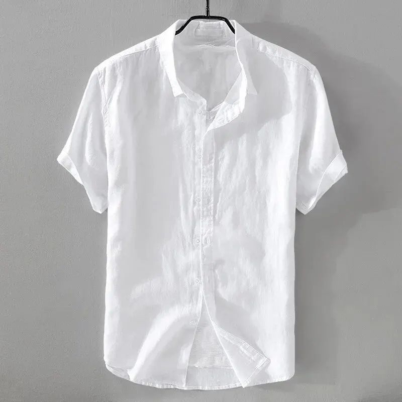 Short Sleeve Linen Shirt Men Simple Casual Retro Loose Style Youth Thin Basic Half Sleeve Cotton Linen Clothing