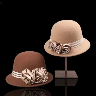 Autumn Winter NEW Wool Formal Hat Women’s Hat Church Hat Fisherman Hat Rose Blossoms Pearl Elegant Fashion Versatile