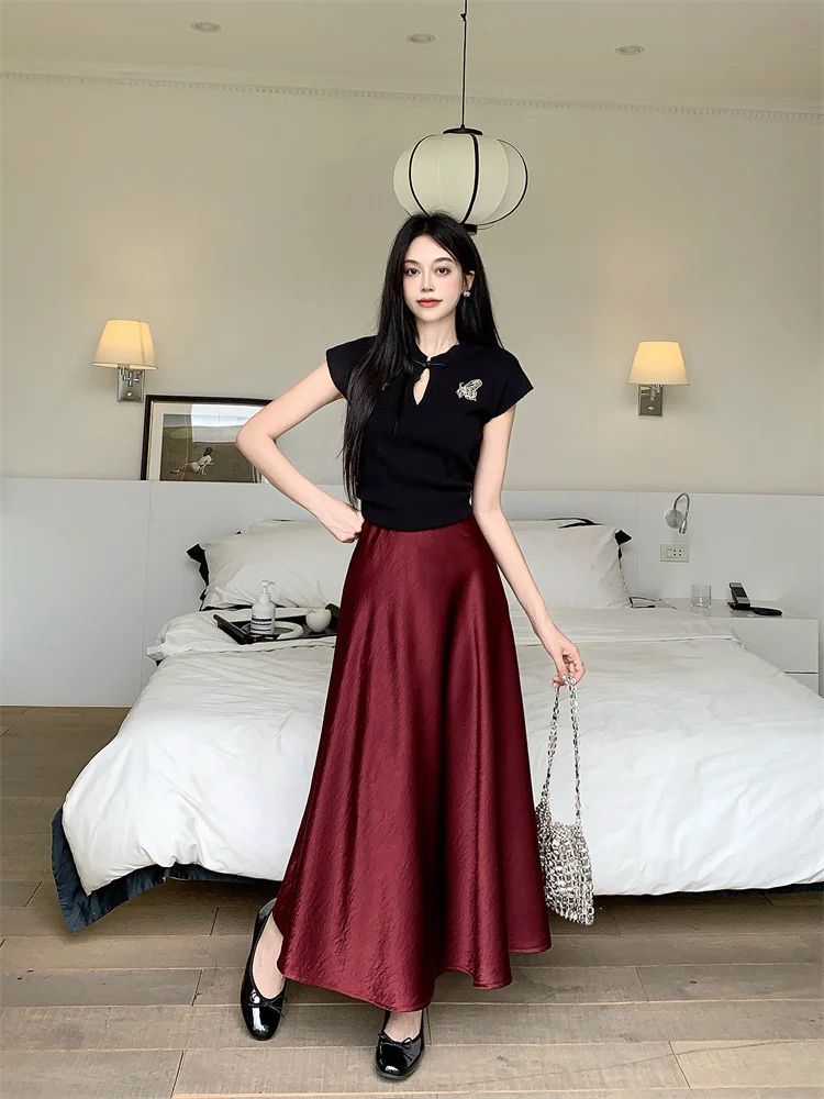 Plus Size Satin Half-Body Skirt Female 2026 Spring New Korean Fashion Temperament Elegant Solid Casual A-line Skirts