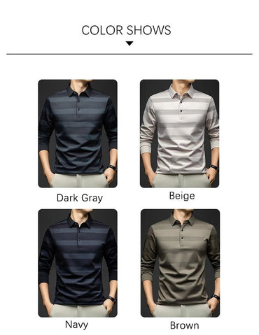 BROWON Elegant Mens Polo Shirts 2025 Spring Autumn Long Sleeve Lapel Collar Big Striped Pattern T-shirt Male New in Tops & Tees