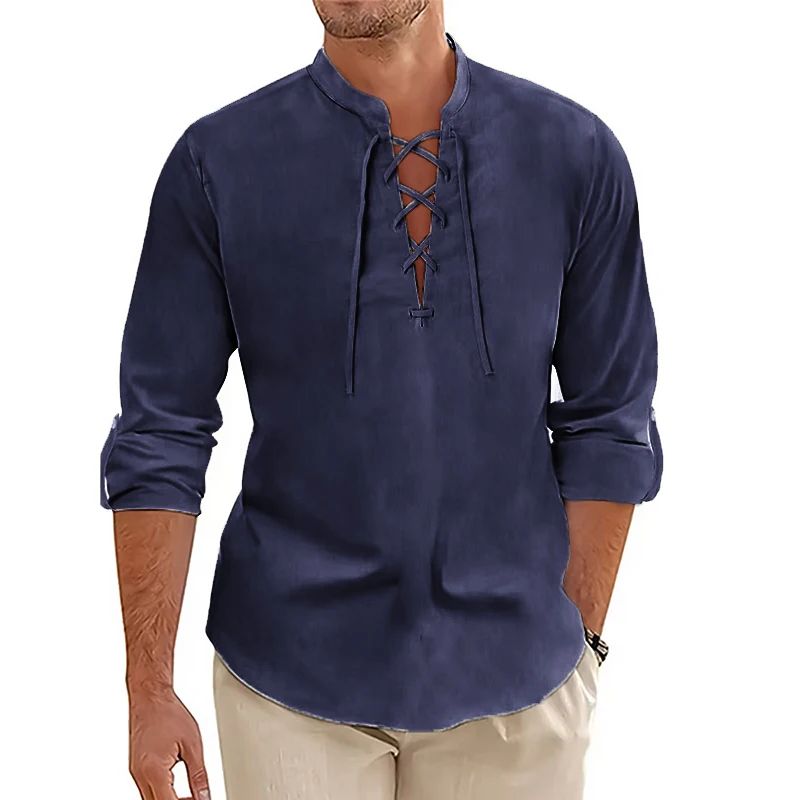 Men's Casual Long Sleeved TShirt Autumn Medieval Vintage Cotton Linen Shirts Halloween Streetwear Breathable Lace-up Streetwear
