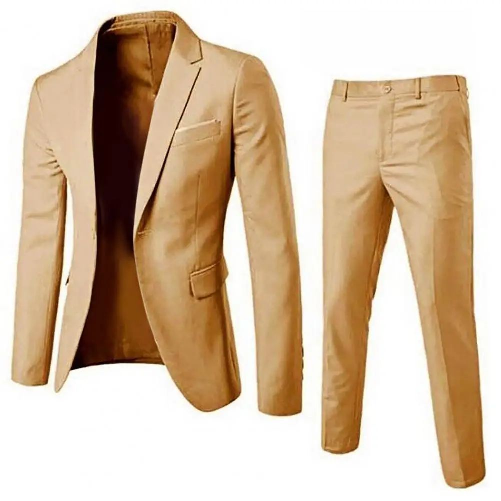 1 Set Trendy Men Suit Anti Deformation Formal Suit Turndown Collar Pure Color One Button Suit Set Daily Wear