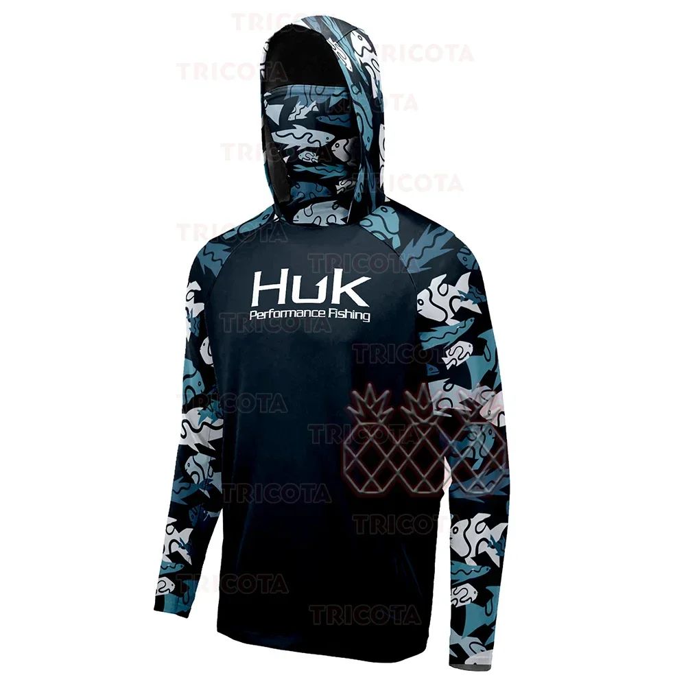 Camisetas de Pesca HUK UPF 50+ Manga Longa com Capuz e Proteção Facial Secagem Rápida Moletom Respirável Proteção UV Masculina