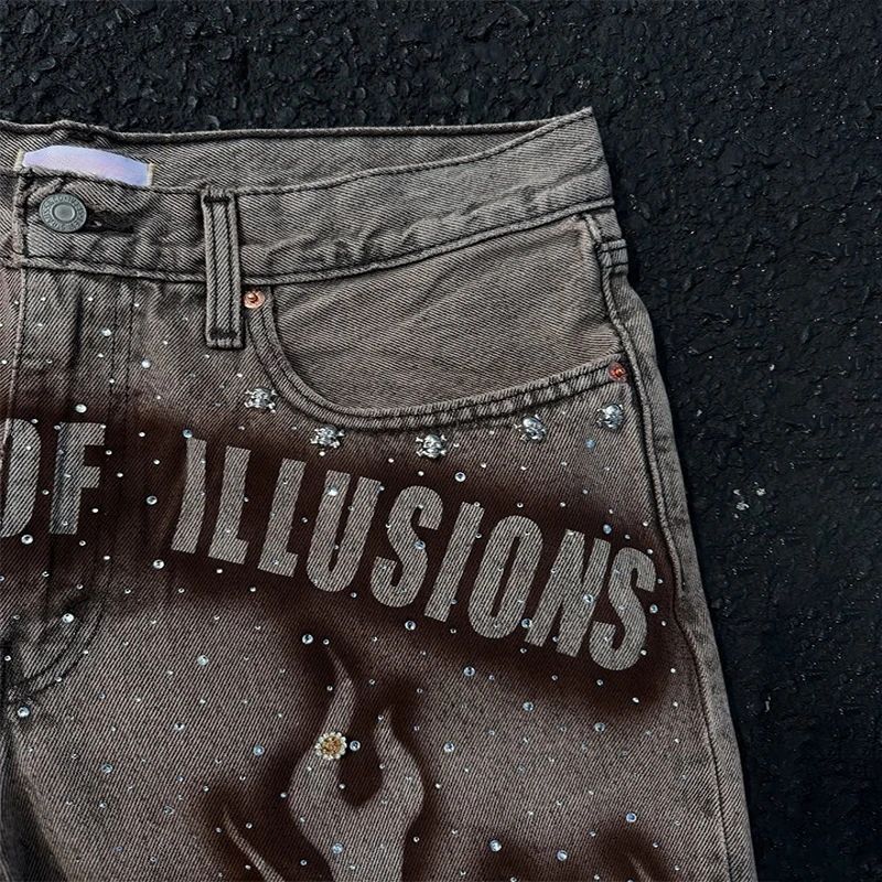 Goth Print Silk Jeans Men Shorts Street Harajuku Hiphop Vintage High Waited Denim Shorts of Men Clothing Casual Loose Pants Mens