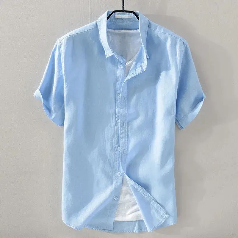 Short Sleeve Linen Shirt Men Simple Casual Retro Loose Style Youth Thin Basic Half Sleeve Cotton Linen Clothing