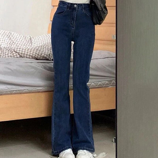 Women Korean Flare Jeans Girls High Waist Elastic Boot Cut Pants Lady Vintage Blue Black Gray Brown Denim Bell Bottom Trousers