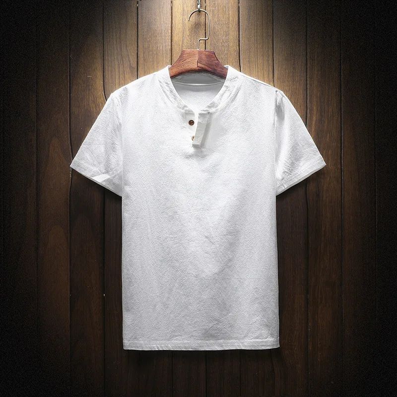 Men's Summer Loose-fit Short Sleeve Linen T-shirt Cotton Linen Body Solid Color Breathable V-neck Thin Top
