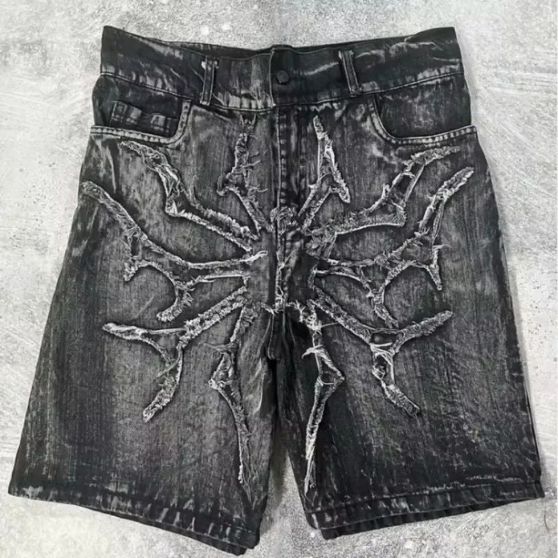American Fashion Hip Hop Embroidered Denim Shorts Men Street Y2K New Casual Vintage Loose Jeans Unisex Harajuku Punk Rock Shorts