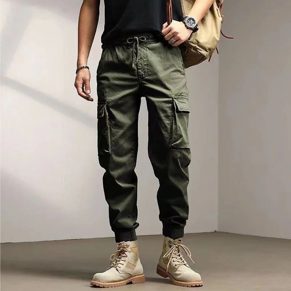 Solid Cargo Pants for Men Casual Loose Fit Ankle Banded Trousers Suitable for Spring and Autumn Grey Black Green