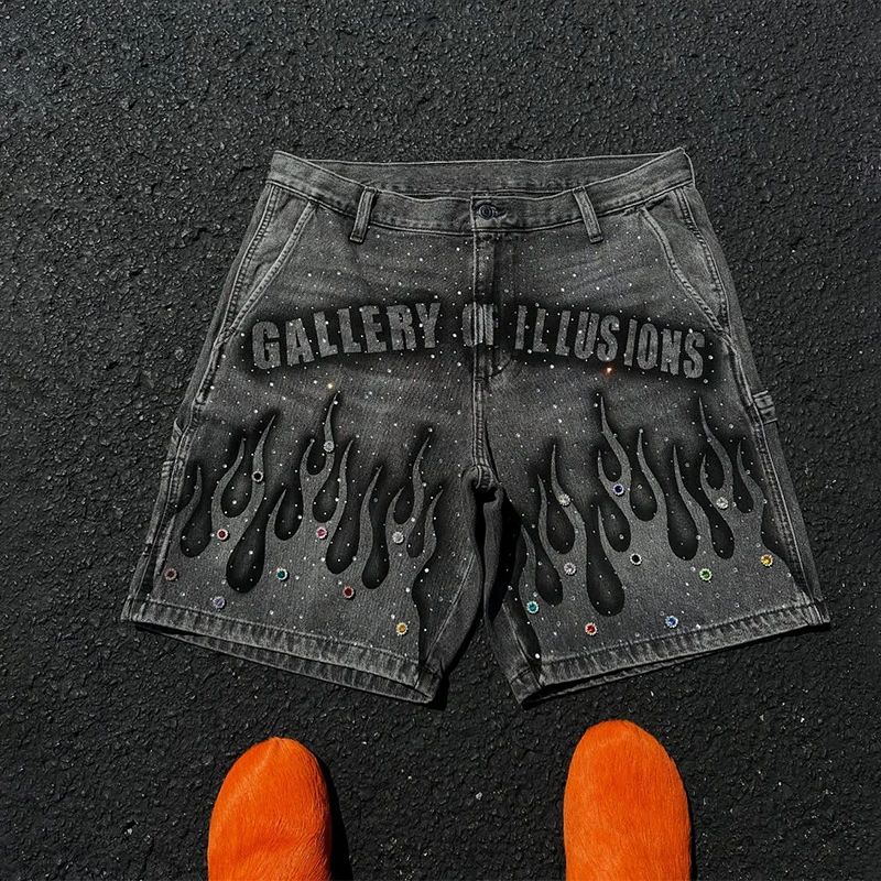 Goth Print Silk Jeans Men Shorts Street Harajuku Hiphop Vintage High Waited Denim Shorts of Men Clothing Casual Loose Pants Mens