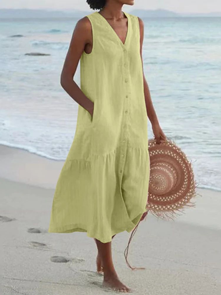 Summer Loose Casual Patchwork Cotton Linen Pocktes Dress V Neck Beach Style Dres
