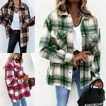 Warm Plaid Long Sleeve Shirt Jacket Autumn Winter Women's Polo Collar Patchwork Decorative Button Detailing Chinese Origin