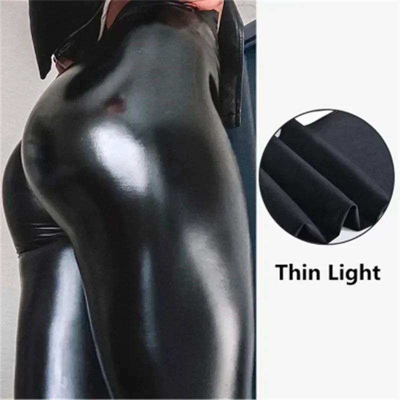 Sexy Black PU Leather Tights Women High Waist Pants High Elastic Slim Fashion Hi