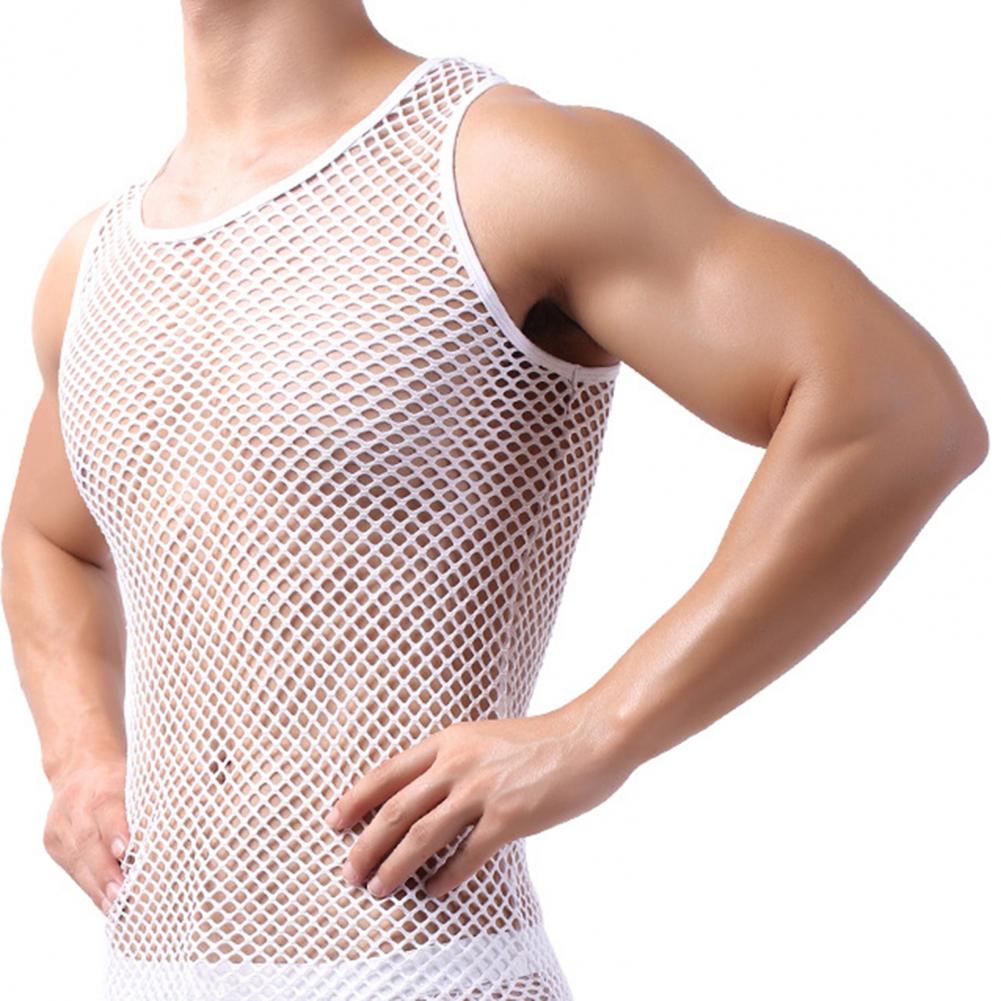 Fishnet Men Sexy Mesh Tank Tops Transparent Sleep Tops Male Underwear Pure Color Vest Sleeveless Tops Underwear Male Undershirt