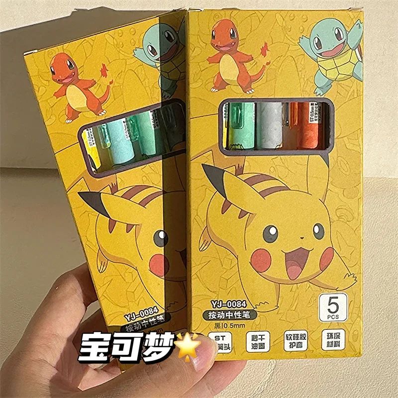 Conjunto de Canetas Pokémon com 5 Peças Pikachu Squirtle Charmander, Caneta Gel Retrátil Fofa de Anime para Escola Material de Escritório Presente para Crianças