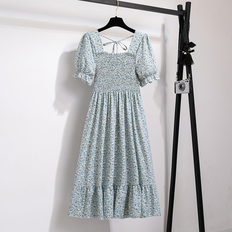 Summer Pleated Women Chiffon Dresses Casual Beach Holiday Short Sleeve Square Co