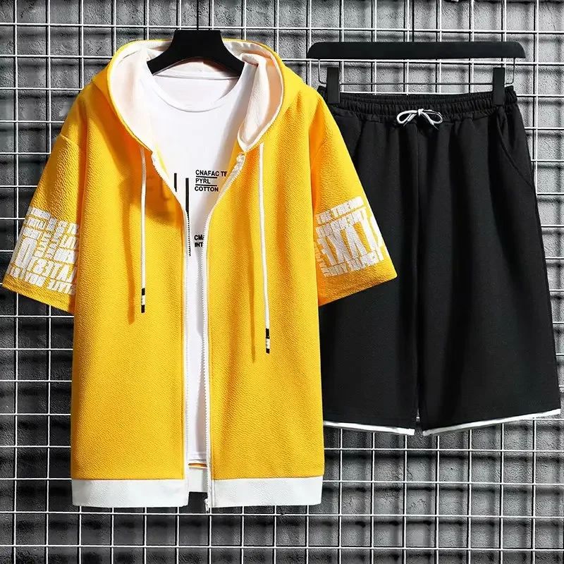 Summer Thin Men's Sports Suit 2-piece Set Casual Hooded Quick Dry Running Exercise Clothes Short Sleeve Shorts