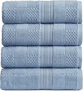 100% Cotton Bath Towel Set of 4 Blue Towels Geometric Textured Design Absorbent & Quick-Dry 4 Bath Towel