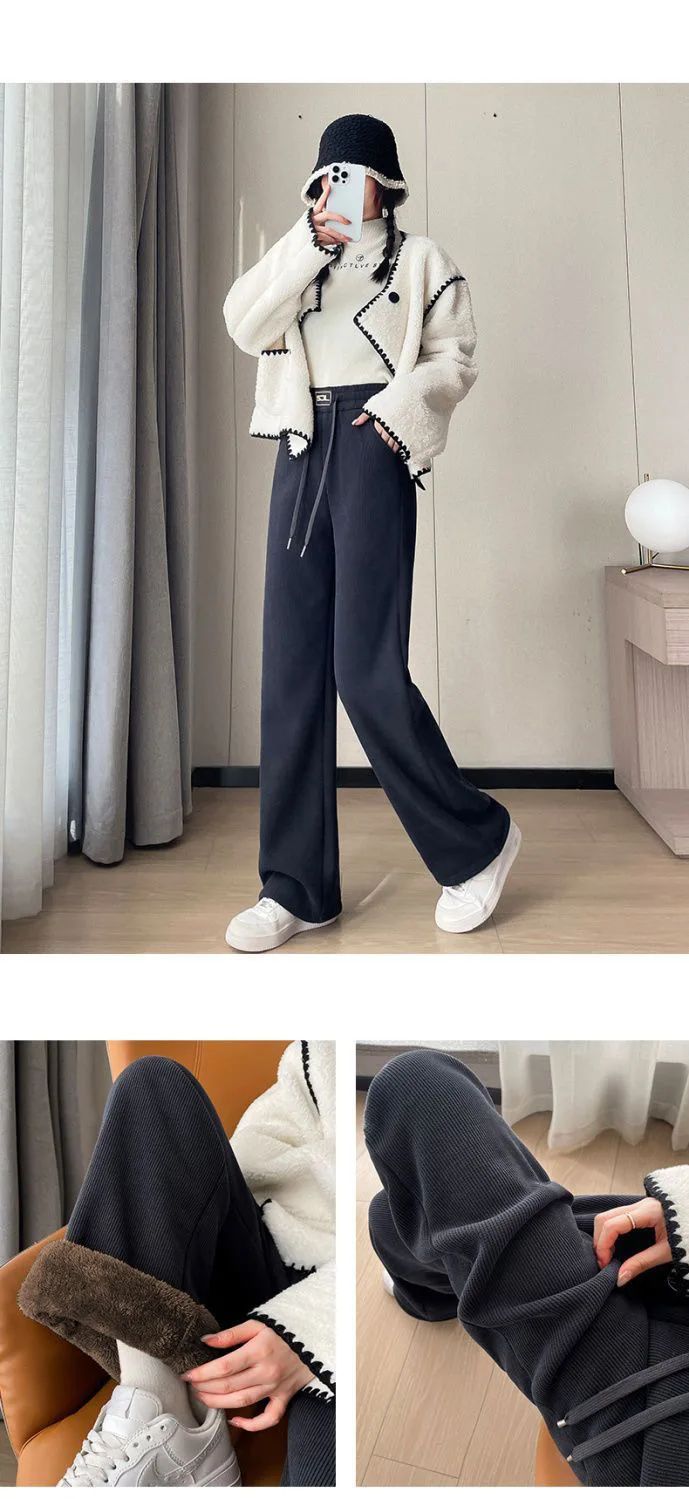 Thickened Fleece Lamb Velvet Large Size Corduroy Wide Leg Casual Straight Leg Pants Women Autumn Winter Special Thick Shiny Casu