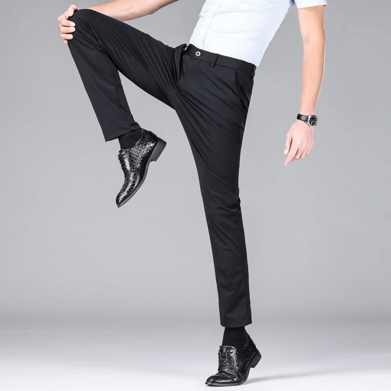 New Summer Men's Ice Silk High Stretch Business Suit Pants Male Army Green Blue Elastic Formal Office Straight Formal Trousers