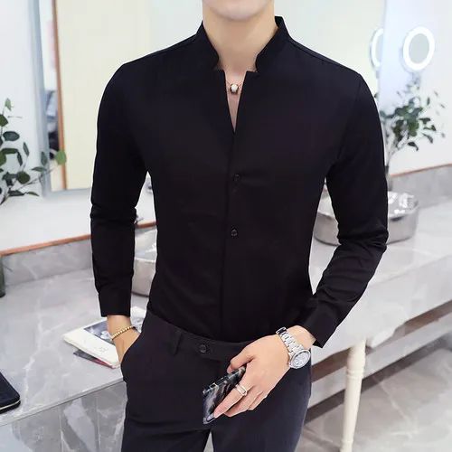Black Men Long Sleeve Shirt, White Single Breasted Collar Stretch Shirts, Red Fashion Slim Top,Asian Size M-5XL(Korean Slim Fit)