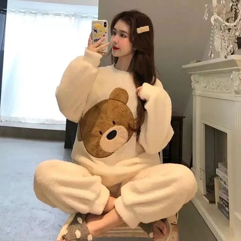 Thickened Warm Women Winter Two Pieces Set Flannel Homewear Pajamas O-Neck Loose Cute Cartoon Bear Ladies Sleepwear Loungewear