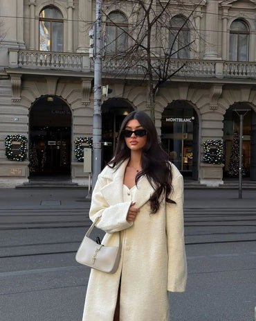 Elegant White Lapel Woolen Long Coat Women Fashion Full Sleeve Single-breasted Warm Loose Coats Lady Winter Commute Street Wear