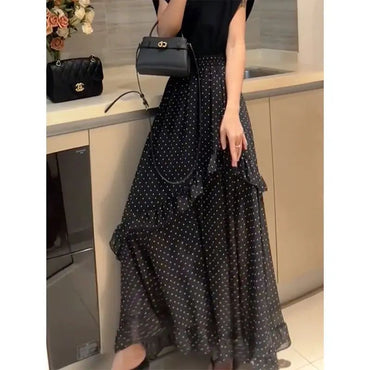 Plus Size Black Polka Dot Print Asymmetrical Hem Loose Women's Skirt Summer New Fashion Design Sense Midi Skirt Large Size Ha...