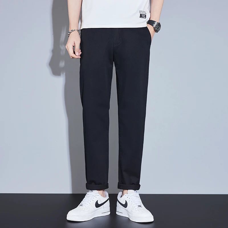 Casual Men Orange Loose Straight Business Pants Green Khaki Elastic Waist Trousers Soft Cotton Lyocell Fabric Korean Cargo Pants