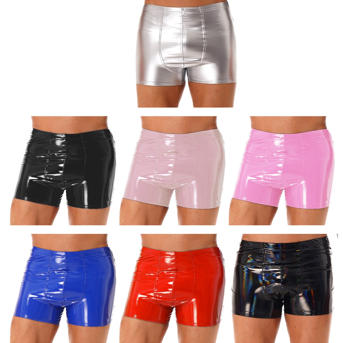 Mens Patent Leather Shorts Dance Performance Clubwear Wet Look Pants Elastic Waistband ShortsBulge Pouch Boxer Briefs Shorts