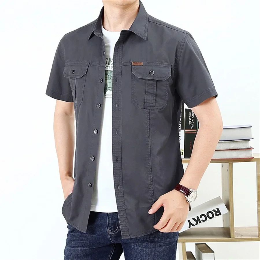 Summer Quick Dry Short Sleeve Mens Army Fan Tactical Shirts Male Solid Thin Lapel Cargo Shirt Tops Outdoor Hiking Military Shirt