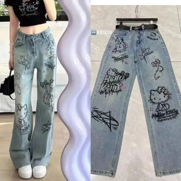 New Hello Kitty Wide Leg Pants Women's Spring Girl China-Chic Embroidery Loose Skinny Straight Leg Denim Pants Straight Trousers