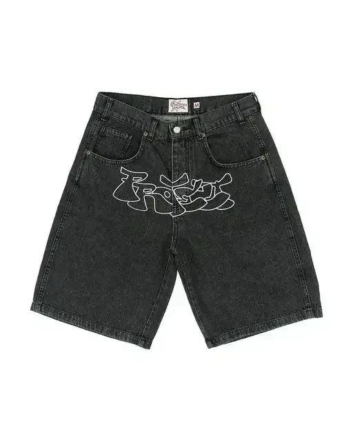 Retro Leaves Camouflage Denim Shorts Y2K Jeans Men Hip Hop Lettering Embroidery Retro Baggy Shorts Low Waist Over The Knee Pants