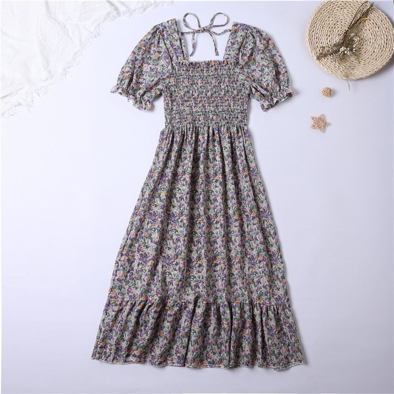 Summer Pleated Women Chiffon Dresses Casual Beach Holiday Short Sleeve Square Co