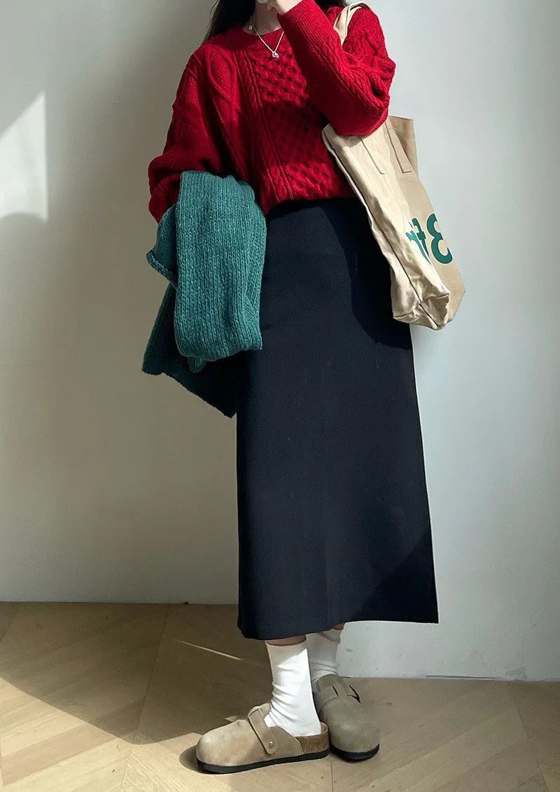 Sweater Coat Skirts 2024 Autumn and Winter New Gray Back Slit Suit Skirt Skirt