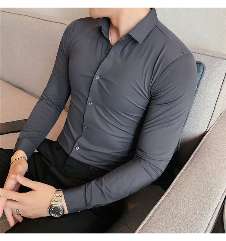 Men's Long Sleeved Elastic Shirt No Ironing Business Wear Professional Workwear Stand Up Collar Shirt Casual Solid Color Shirt