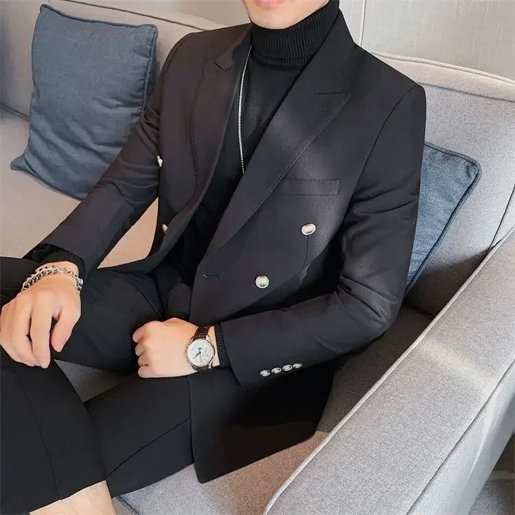 Jacket for Men Dress Jackets Coats Double Breasted Black Business Man Suits and Blazers Simple New in Korean Style Clothes 2025