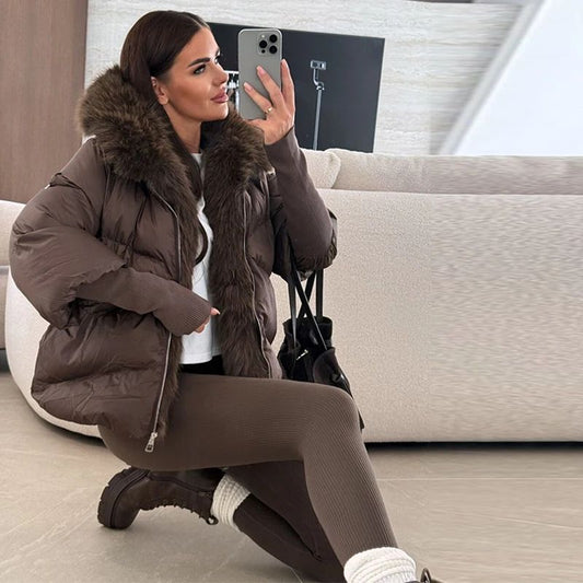 Faux Fur Spliced Hooded Cotton Jackets Women Zipper Long Sleeve Pocket Warm Coats 2025 Winter Fashion Solid Down Jacket New