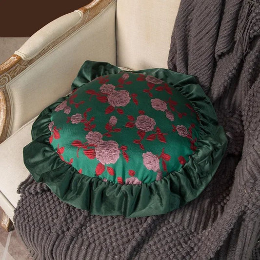 Removable Washable American Light Luxury Sofa Flower Pillow Homestay Round Cushion Retro Ruffle Edge Red Pillow Throw Pillows