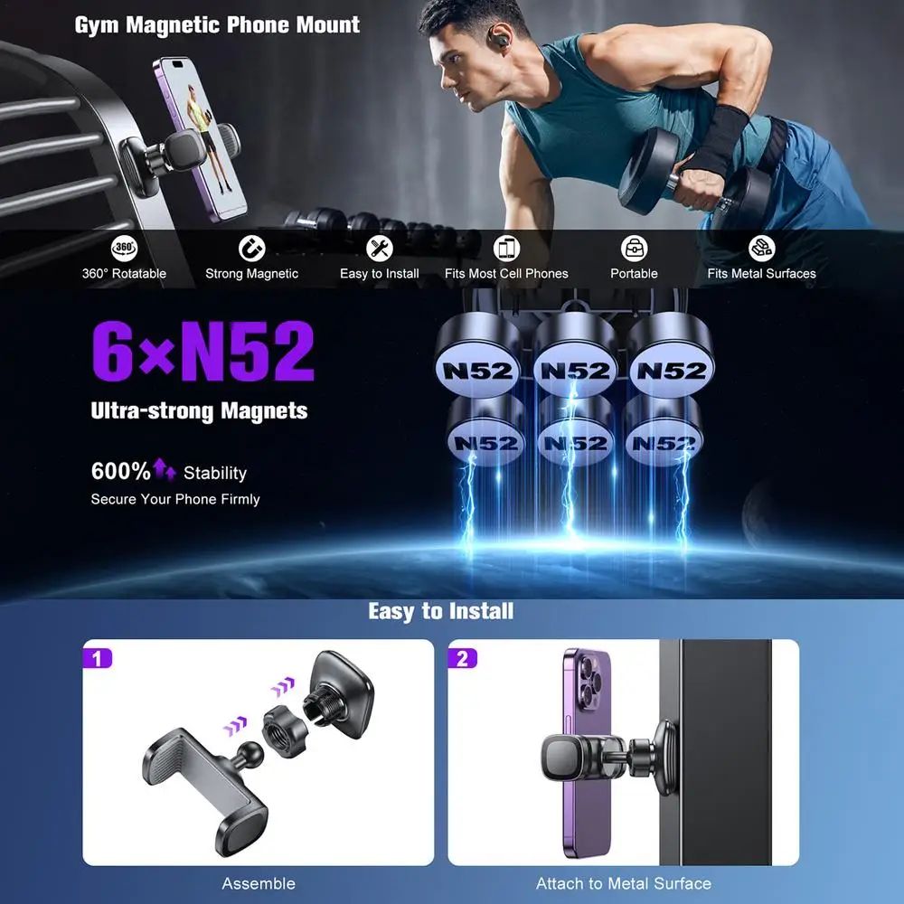 Gym Magnetic Phone Holder 360 Adjustable Stand For Cell Phone Compatible With 4-7" Smartphones Alloy Base And Joint