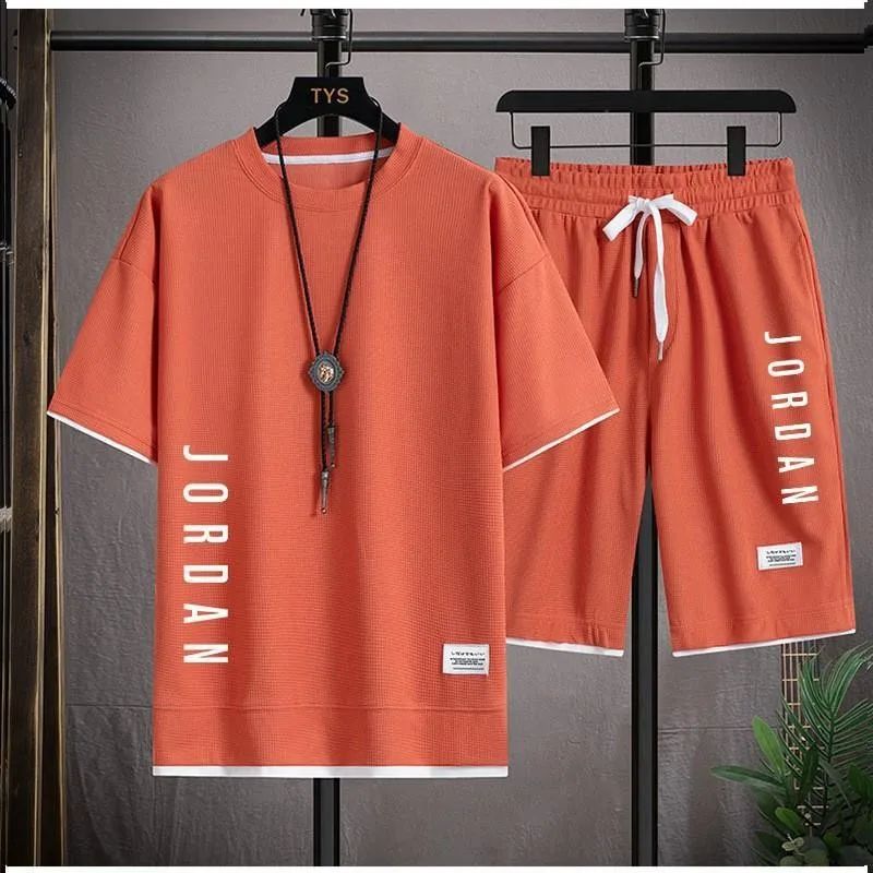 Summer men breathable quick dry jogging basketball sports suit fashion short-sleeved casual crewneck T-shirt + shorts two-piece