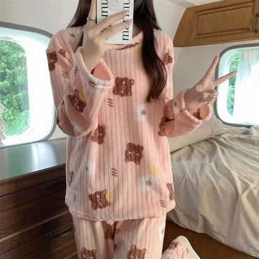 Autumn and Winter Coral Fleece Pajamas Set for Women Warm Lined Loungewear Cozy Home Sleepwear Christmas Gift