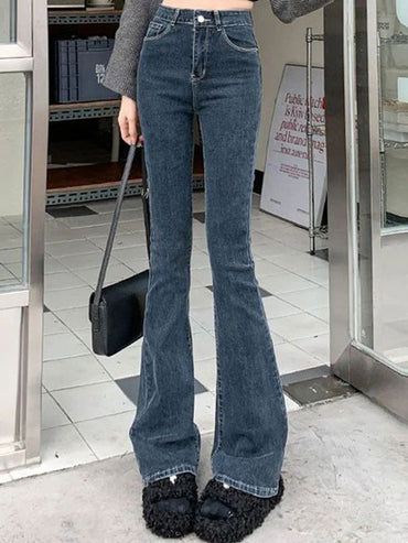 Women Korean Flare Jeans Girls High Waist Elastic Boot Cut Pants Lady Vintage Blue Black Gray Brown Denim Bell Bottom Trousers