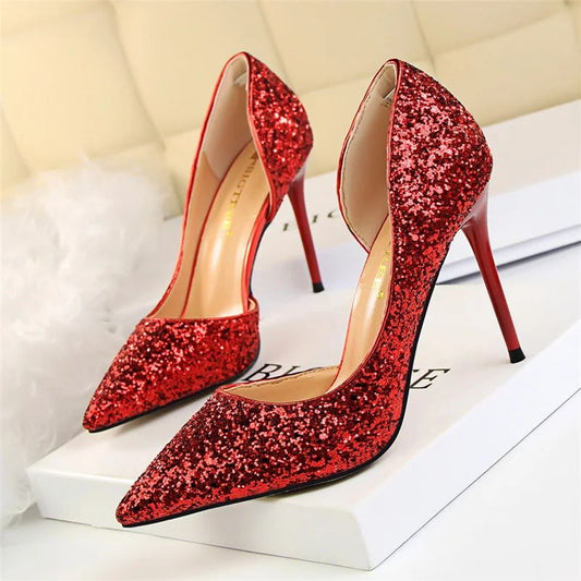 Plus Size 34-43 Women 9.5cm High Heels Stripper Bling Glod Red Silver Scarpins Pumps Lady Stiletto Wedding Bridal Fetish Shoes