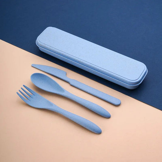 Conjunto criativo de talheres portáteis com caixa, faca, garfo e colher de plástico, conjunto de três peças para estudante, cantina, viagens