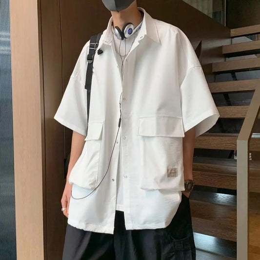 Men's Retro Large Pocket Cargo Shirt Jacket Coat Summer Loose Casual Short Sleeved Shirt For Men Y2k Japan Korea Streetwear