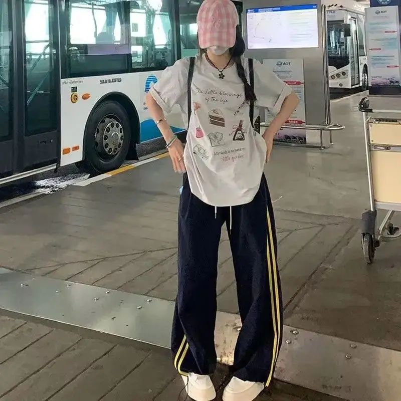 American Sporty Casual Pants Women's Hip Hop Elastic Waist Loose Wide Leg Trendy Cool Girl Quick Dry Pants