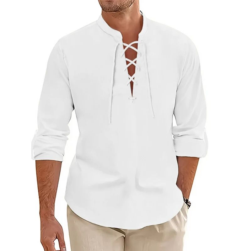 Men's Casual Long Sleeved TShirt Autumn Medieval Vintage Cotton Linen Shirts Halloween Streetwear Breathable Lace-up Streetwear
